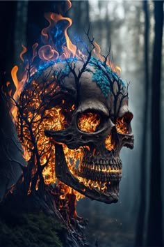 a skull in the woods with fire coming out of it's head and eyes