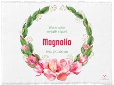 watercolor wreath clipart with pink flowers and green leaves