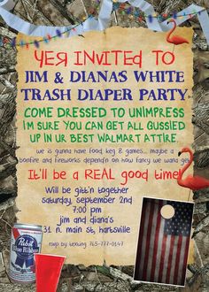 a party poster with an american flag and flamingos