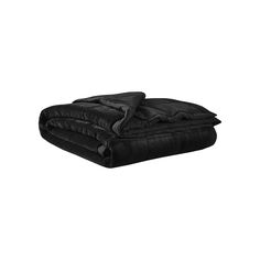 the black blanket is folded on top of each other and has two pillows in it