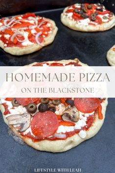 homemade pizza on the stove with text overlay that reads homemade pizza on the blackstone