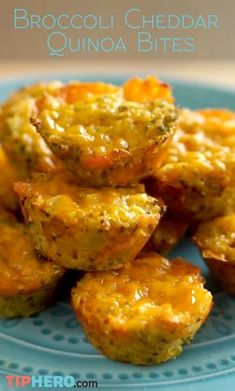 broccoli cheddar quiche bites on a blue plate with the title above it