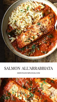 salmon and pasta in a red sauce with parmesan cheese on top, and the words salmon allarabiata above it