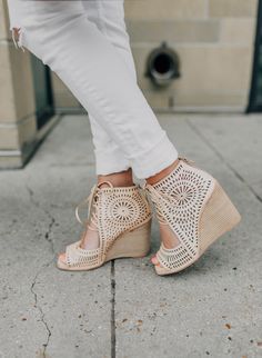 Neutral Wedges for Spring White Open Toe Wedge Sandals With Textured Sole, Spring Beach Lace-up Wedge Sandals, Bad Shoes, Neutral Wedges, Casual Lace-up Wedge Sandals With Woven Sole, Glam Shoes, High Low Fashion, Alyson Haley, Beige Synthetic Wedge Sandals With 4-inch Heel