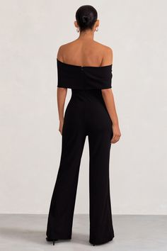 Step out in style in Meave. our gorgeous jumpsuit in classic black. Crafted in our signature double-lined jersey. this jumpsuit will skim your silhouette offering ultimate comfort without compromising on style. Featuring a Bardot neckline with bow detailing which elegantly drapes over your shoulders and wide-leg trousers to elongate your pins. Meave perfectly balances glamour and chic style. Make a statement in Club L. Features Drape Bardot neckline Wide leg Concealed back zip Premium double-lin Pregnant Wedding, Club L London, Bardot Neckline, Wedding Shoes Bride, Black Dress Prom, Black Tie Gala, Maternity Jumpsuit, Christmas Party Dress, Black Velvet Dress