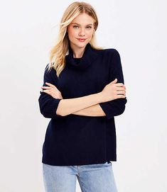 Chic and cozy ribbed trim highlights the irresistible hint of swing this turtleneck sweater boasts. Turtleneck. Dropped shoulders. Long sleeves. Side slits.,Bullet1:Sweater weight: Midweight,Bullet2:26" long,Fabric:Fabric: Soft knit,Imported:Imported,Fit:Fit: Relaxed - an easy shape that's just shy of loose,Length:Length: Tunic - hits at thigh,Fabrication:62% Acrylic, 35% Polyester, 3% Spandex,Garment Care:Machine Washable Loft Ribtrim Turtleneck Tunic Sweater Size XL Deep Space Blue Women's by Navy Blue Sweater Outfit, Blue Sweater Outfit, Turtleneck Tunic Sweater, Turtleneck Tunic, Jumper Outfit, My Clothing Style, Navy Blue Sweater, Easy Shape, Sweater Outfit