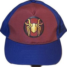 the hat is red and blue with a yellow spiderman emblem on it's side