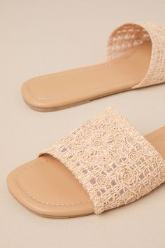 Summer style starts with a fresh pedi and easy footwear like the Esty Light Nude Woven Slide Sandals! Crochet-inspired raffia forms a woven toe strap that sits atop a square-toe upper. Breezy slide-on design completes the look. 0. 25" rubber heel. Lightly cushioned insole. Rubber sole has nonskid markings. Man Made Materials. Imported. Lulus | Esty Light Nude Woven Slide Sandal Heels | Size 10. Beige Woven Closed Toe Sandals, Beige Woven Sandals With Flat Heel, Beige Woven Flat Heel Sandals, Beige Woven Flat Sandals, Beige Flat Woven Sandals, Wedding Top, Size 11 Heels, Sandal Heels, Casual Wedding Dress