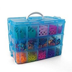 a plastic container filled with lots of different colored toys