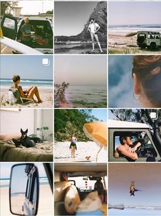 multiple pictures of people on the beach and in their cars, with one person jumping up into the air