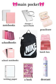 the contents of a pink and black backpack with text that says,'main pocket '