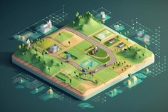 Farm concept isometric composition with village, road, trees and houses on green background, Generative AI stock photos Village Road, Vector Technology, Green Background, Green Backgrounds, Tree House, Stock Illustration, Composition, Trees, Stock Photos