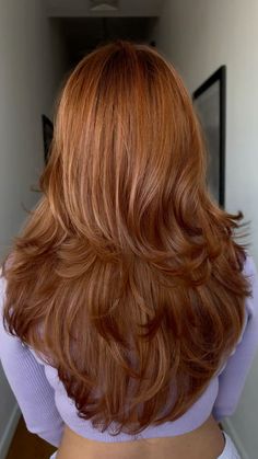 Copper hair with long layers #copperhaircolor #copper #longhair #longlayeredhaircuts Orange Red Copper Hair, Long Layered Red Hair With Bangs, Long Layered Copper Hair, Old Money Copper Hair, Muted Copper Hair Color, Medium Orange Copper Hair, Red Hair Blowout, Red Hair Color Copper, Medium Golden Copper Hair