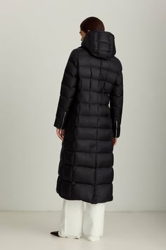 The Greta maxi coat is this season's longest silhouette, designed for full-body warmth on extra cold days. Stylish details like the tailored fit and velvet trim complement the cozy functionality of the interior bib, cozy pockets, and plush hood. Luxury Winter Travel Outerwear, Long Down Coat With Detachable Hood, Fitted Winter Travel Outerwear, Full Length Winter Outerwear With Pockets, Down Outerwear With Detachable Hood For Travel, Travel Down Outerwear With Detachable Hood, Travel Outerwear With Detachable Hood In Down, Travel Outerwear With Detachable Hood, Hooded Down Outerwear For Travel