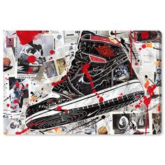 a pair of sneakers with red paint splatters on it and newspaper clippings