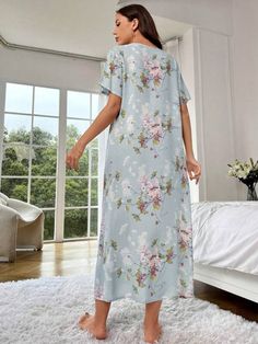 Experience the beauty of nature with our Floral Print Nightdress. Embrace comfort in its regular fit and indulge in the softness of 100% Viscose. Drift into serenity with its non-stretch fabric, while the short sleeves and long length add a touch of elegance. Suitable for machine washing or professional dry cleaning, this sleep shirt is a blend of style and ease. Elevate your sleepwear collection with the enchanting allure of florals. Features: Pattern Type: Floral Type: Sleepshirts Sleeve Lengt Floral Print Short Sleeve Nightgown For Sleepover, Blue Floral Print Short Sleeve Sleepwear, Floral Print Short Sleeve Nightgown For Loungewear, Spring Short Sleeve Nightgown For Loungewear, Short Sleeve Floral Print Nightgown For Loungewear, Short Sleeve Floral Print Sleep Dresses, Short Sleeve Floral Sleep Dresses, Short Sleeve Nightgown With Floral Print For Loungewear, Flowy Short Sleeve Maxi Dress For Loungewear