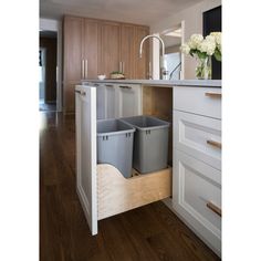 two trash cans are sitting in the middle of a kitchen cabinet with wooden floors and white cabinets