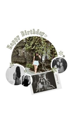 the birthday card is decorated with photos and an image of two women in front of trees