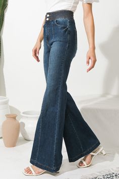 The GRAND PARTY DENIM JEANS features a high-quality washed denim fabric with a wide waistband for added comfort and unique stitching for a stylish look. It has a 2 button and zipper closure, plus front and back pockets and boot-cut leg opening, making it perfect for all occasions. Details Self: 68% Cotton, 20% Polyester, 10% Rayon, 2% Spandex Lining: 95% Polyester, 5% Cotton Size & Fit - Model is 5`8" And Wearing Size Small - Measurements Taken From Size Small - Approx Length: 43.5" Wide Waist, Washed Denim, Wide Waistband, Denim Pant, Denim Fabric, Denim Wash, Bell Bottom Jeans, Boot Cut, Denim Jeans