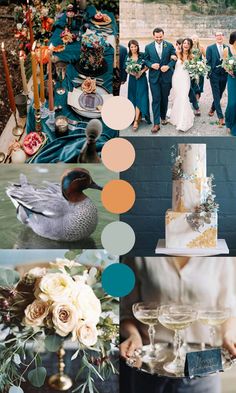 a collage of photos with different colors and wedding cake, flowers, candles, and birds