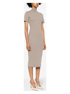 Hey, have you seen this effortlessly chic short sleeves dress? It's the perfect blend of style and comfort, making it ideal for any occasion. Trust me, you'll fall in love with its laid-back elegance. Taupe brown stretch-design with FF jacquard pattern High neck and ribbed cuffs and hem for a snug fit Knee-length with a straight hem for a classic look Made in Italy with a luxurious blend of elastane, viscose, polyester, and polyamide Perfect for the SS24 season in a sophisticated grey color | Fe Fendi Dress, Mid Skirt, Jacquard Pattern, Design Fabric, Short Leggings, Knitwear Cardigan, Skirt Design, Denim Pant, Flip Flop