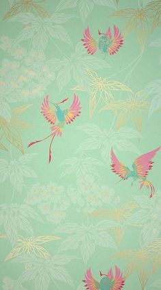 a wallpaper with birds and leaves in pink, blue, yellow and green colors