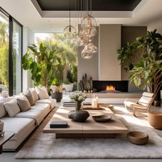 a modern living room with large windows and lots of natural greenery on the walls