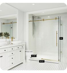 a white bathroom with two sinks and a walk in shower