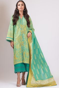 Green Digital Print Salwar Kameez For Eid, Pista Green Unstitched Suit With Printed Motifs, Green Cambric Dupatta With Printed Motifs, Green Long Sleeve Suit For Eid, Traditional Green Digital Print Lawn Suit, Traditional Green Lawn Suit With Digital Print, Green Cotton Lawn Suit For Summer, Green Naqshi Unstitched Suit For Spring, Green Traditional Unstitched Suit With Digital Print