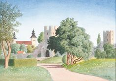 a painting of a castle with trees and bushes