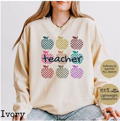 Comfort Colors® Cute Teacher Apple Sweatshirt, Retro Floral Teacher Sweatshirt, Teacher Appreciation Gift, Back to School, First Day of School Elementary Shirt ♥ Experience this year-round comfort with our 100% cotton crewneck lightweight sweatshirt! The ultimate comfort of Comfort Color garment-dyed sweatshirts! These cotton-washed sweaters offer unrivaled comfort and a retro-vintage vibe. The colors are stunning and enduring, ensuring a timeless appeal that never disappoints.  ♥ This style swe White Sweatshirt For Teacher Appreciation In Fall, School First Day, Teacher Sweatshirt, Teacher Apple, Teacher Appreciation Gift, Comfort Color, Retro Floral, Teacher Appreciation Gifts, First Day Of School