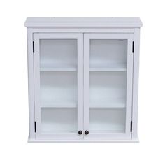 a white bookcase with glass doors on the front and bottom shelves, against a white background