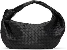 Intrecciato-woven grained lambskin and calfskin shoulder bag in black. · Integrated carry handle with knotted detailing · Zip closure at top · Embossed logo and zip pocket at interior · Tonal leather lining · Silver-tone hardware · H10 x W18 x D6 in Supplier color: Black/Silver | Bottega Veneta Black Small Jodie Bag Designer Black Shoulder Bag With Rolled Handles, Black Workwear Bags With Braided Handles, Elegant Black Shoulder Bag With Interwoven Design, Leather Evening Bag With Interwoven Design, Designer Black Hobo Bag With Braided Handles, Black Woven Leather Shoulder Bag For Work, Elegant Black Bag With Interwoven Design, Black Rectangular Shoulder Bag With Interwoven Design, Black Top Handle Bag With Interwoven Design