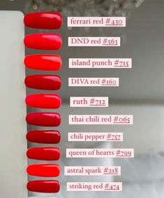 Dnd Red Gel Polish Colors, Dnd Red, Dnd Nail Polish, Red Gel Nails, Bright Red Nails, Natural Acrylic Nails, Red Ferrari, Gel Nail Polish Colors, Long Stiletto Nails