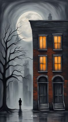 a painting of a person standing in front of a building with the moon behind it