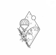 a black and white drawing of an air balloon flying over the earth with flowers on it