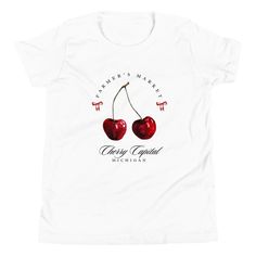 Add a pop of color to your summer wardrobe with this Cherry farmer's market Women's Baby Tee. This fitted short-sleeve crop top is made from soft cotton, offering a comfortable and breathable feel that's perfect for casual wear or layering. Its soft red color brings energy and vibrancy to any outfit, making it ideal for those who love bright colors.  The baby tee style features a close fit, giving it a trendy and y2k, early 2000s look. It's versatile enough to pair with high-waisted jeans, skirts, or shorts, making it a great addition to your everyday wardrobe. Whether you're heading to a casual brunch, hanging out with friends, or simply lounging at home, this tee is a stylish choice. | Sizing details | *Model is wearing size S in color White Sizes are based on US Women sizing The size ch Cherry Red Coquette, Red Coquette, 2000s Look, Aesthetic Watercolor, Y2k Early 2000s, Soft Red, Pinterest Aesthetic, Baby Tees, Baby T Shirts