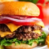 a cheeseburger with onions, tomato and lettuce on a white plate