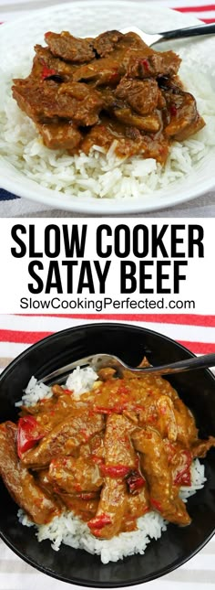 slow cooker safty beef served over rice on a black plate with red and white stripes