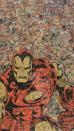 a collage of iron man in red and yellow with many pictures on it's wall