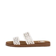 Our FERGAL double-band slide features a beautiful floral cut-out design on tooled faux leather straps that add a little Western flair to any summer outfit. The bottom of this flat sandal has a round toe shape, with a medium-width inset footbed crafted with Signature Yellow Box EVA. Toe: round Heel Height: 0.75 inches Platform Height: 0.5 inches Materials: faux leather Insole: Signature Yellow Box EVA Outsole: rubber Mule Sneakers, Distressed Texture, Sandals White, Sandals For Sale, Womens Sandals Flat, Cut Out Design, Flat Boots, Flat Sneakers, Boots For Sale