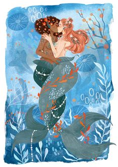 a painting of a mermaid hugging a man in the water with seaweed and corals around