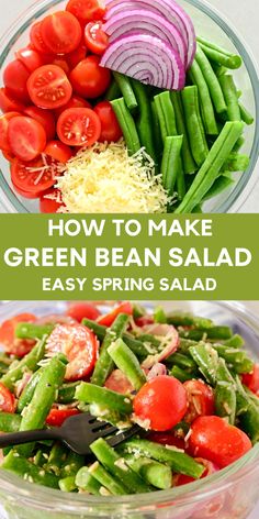 green bean salad in a bowl with tomatoes, onions and green beans on the side