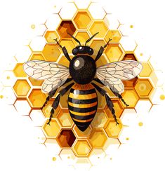 a bee sitting on top of a honeycomb filled with lots of yellow and black