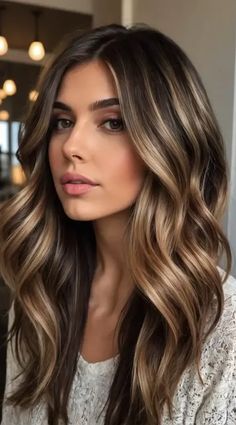 Chocolate Hair Color With Highlights, Highlights And Lowlights For Brunettes, Highlights Light Brown Hair, Chocolate Brown Hair With Highlights, Trendy Hair Color Ideas, Dimensional Brunette, Highlights Brown Hair, Hair Color Ideas For Brunettes, Long Brown Hair