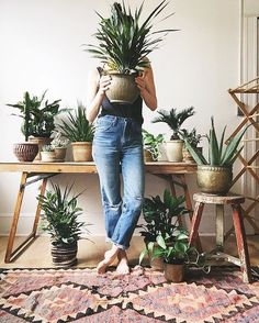 a woman holding a potted plant on top of a rug