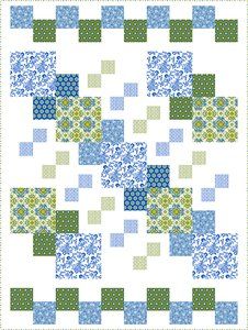 a blue and green quilt with squares on it