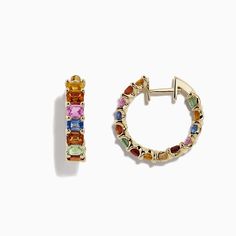 Effy Watercolors 14K Yellow Gold Multi Sapphire Hoop Earrings, 6.42 TCW Affordable Multicolor Gemstone Jewelry, Luxury Multi-stone Hoop Earrings, Luxury Multi-stone Gold Plated Earrings, Sapphire Hoop Earrings, Multi Sapphire, Yellow Stone, Gold Yellow, Rope Bracelet, Favorite Color