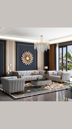 a living room with couches, chairs and chandelier