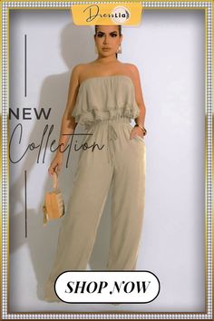 Strapless Lace-up Ruffles One Piece Jumpsuit Chic Strapless Jumpsuit With Ruffles For Spring, Beach Jumpsuits And Rompers With Ruffles, Strapless Ruffled Jumpsuits And Rompers For Spring, Summer Strapless Ruffled Jumpsuits And Rompers, Beach One-piece Jumpsuit With Ruffles, V-neck Jumpsuits With Ruffles For The Beach, Beach One-piece Jumpsuits And Rompers With Ruffles, Fitted Off-shoulder Ruffled Jumpsuit, One Piece Jumpsuit